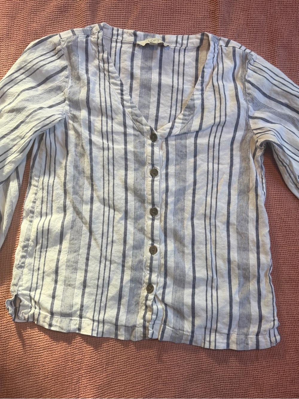 LOFT White and Blue Striped Button-Front Women's Linen blend Top
